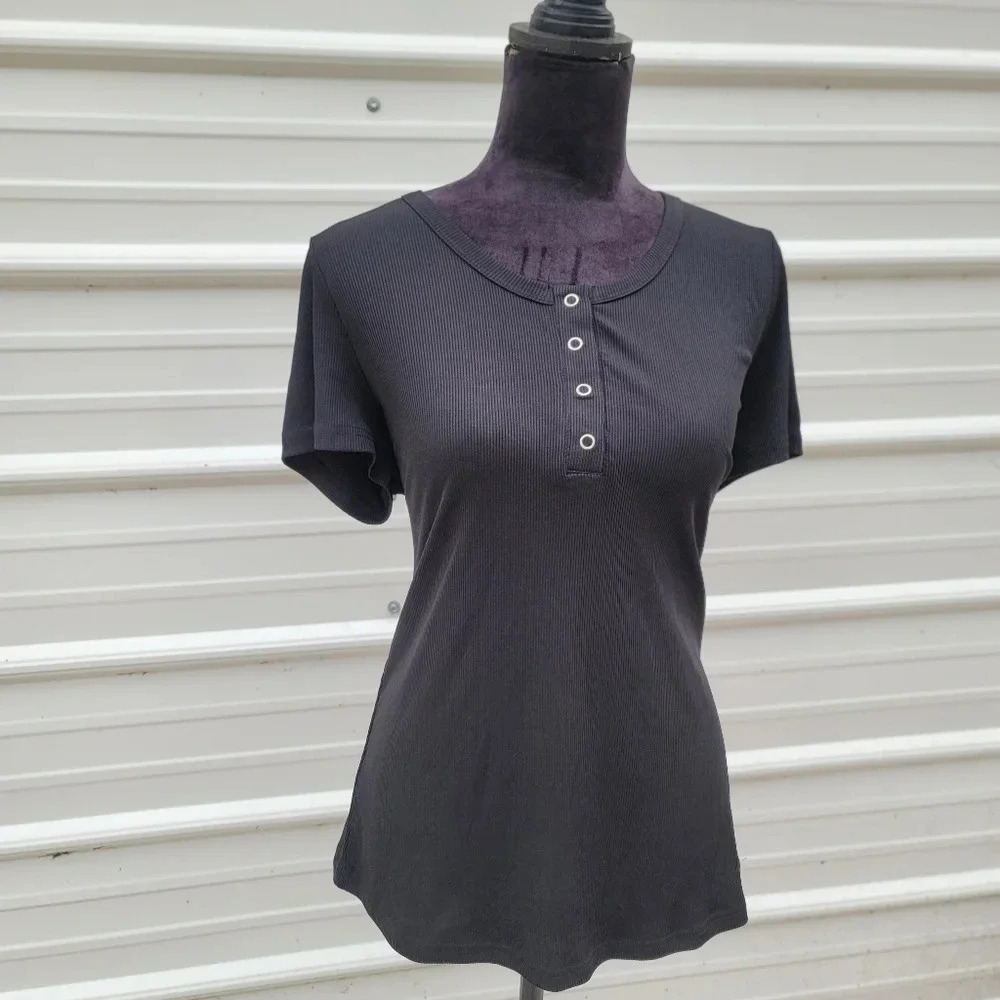 NWOT Women's RB5842 Black Snap Stretch Polyester T-Shirt Ribbed XL - Picture 5 of 7